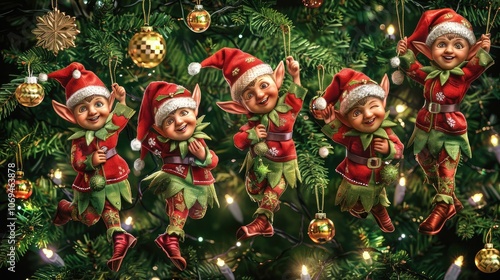 5 Christmas elves hanging on the Christmas tree with ornaments and lights, Christmas festival concept.