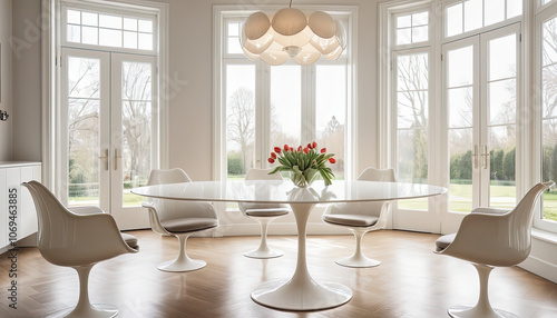 Modern dining area with a round table and tulips in sunlight.