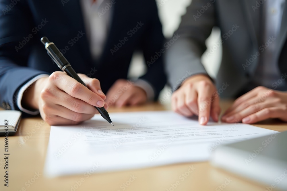 Hands signing contract on wooden table, one hand in navy suit jacket, other in gray jacket pointing to document, softly blurred background, focused professional setting Hands signing contract on wooden table, one hand in navy suit jacket, other in gray jacket pointing to document, softly blurred background, focused professional setting