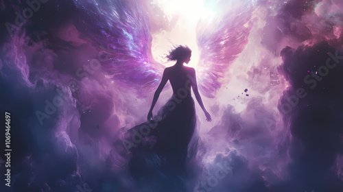 Ethereal woman with iridescent wings emerging from swirling mist celestial light bathes otherworldly scene in soft radiance. Ethereal. Illustration