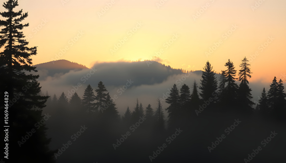 Fototapeta premium Misty foggy mountain pine forest at sunrise isolated with white highlights, png