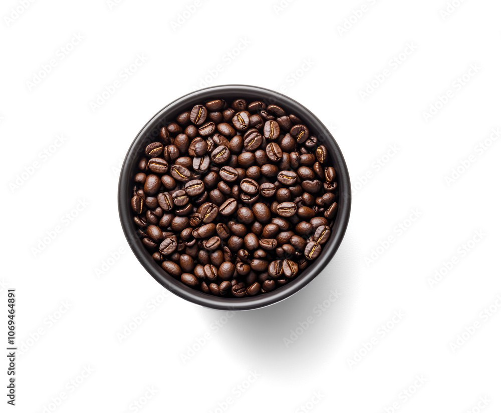 Coffee beans in a black bowl on a clear background Coffee beans in a black bowl on a clear background
