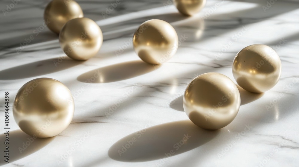 Elegant Gold Spheres on Marble Surface in Soft Light Elegant Gold Spheres on Marble Surface in Soft Light