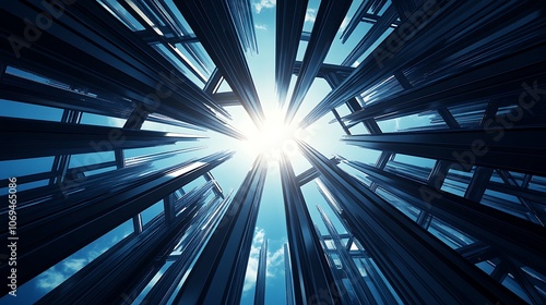 A stunning view looking up through metallic structures, with bright sunlight emerging from the center, creating a captivating contrast against the blue sky.