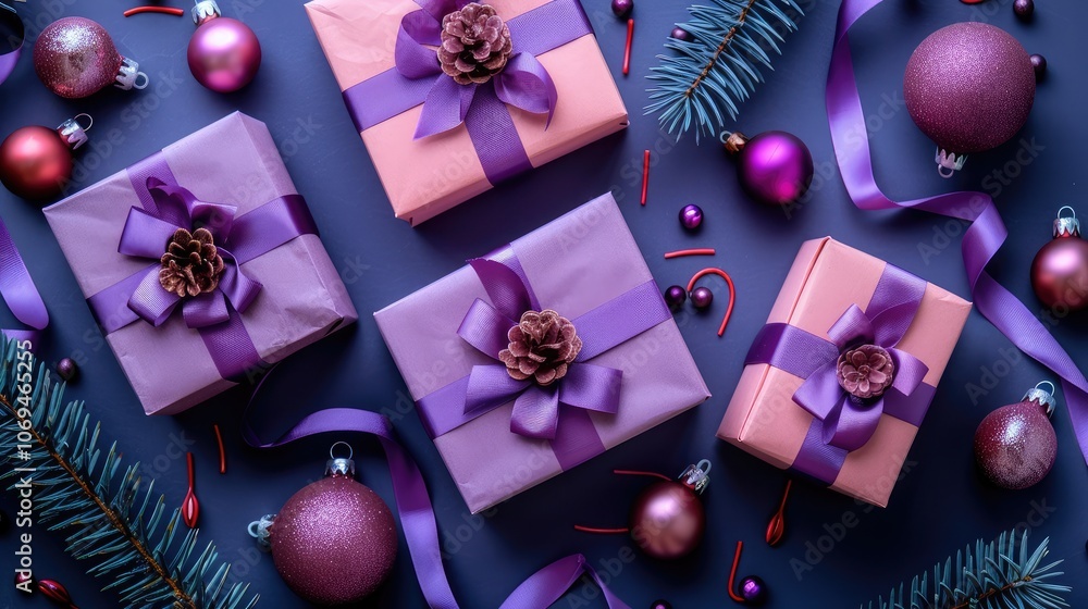 Top view of lilac gift boxes with pink and purple ribbon bows on isolated purple background, Christmas concept. Top view of lilac gift boxes with pink and purple ribbon bows on isolated purple background, Christmas concept.