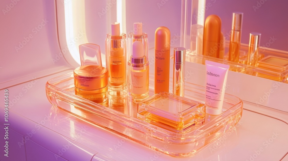 Elegant Beauty Products on Modern Vanity Tray Elegant Beauty Products on Modern Vanity Tray