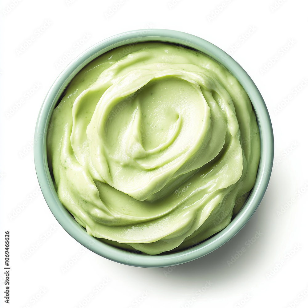 A bowl of creamy avocado dip, isolated on a white background, highlighting a rich, green spread A bowl of creamy avocado dip, isolated on a white background, highlighting a rich, green spread