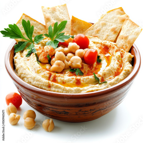 A bowl of creamy hummus dip, isolated on a white background, showcasing a Mediterranean staple