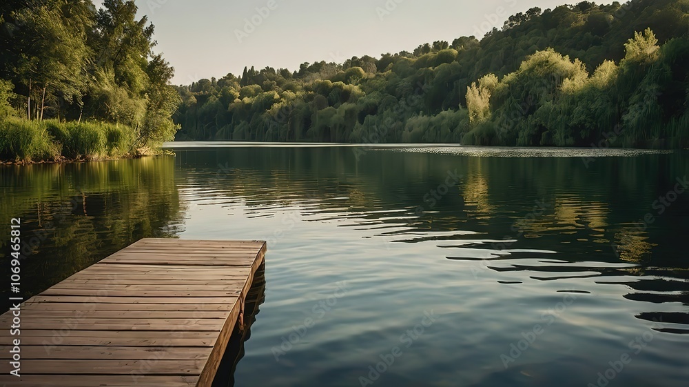 Serene lakeside view with a wooden dock surrounded by nature. Serene lakeside view with a wooden dock surrounded by nature.