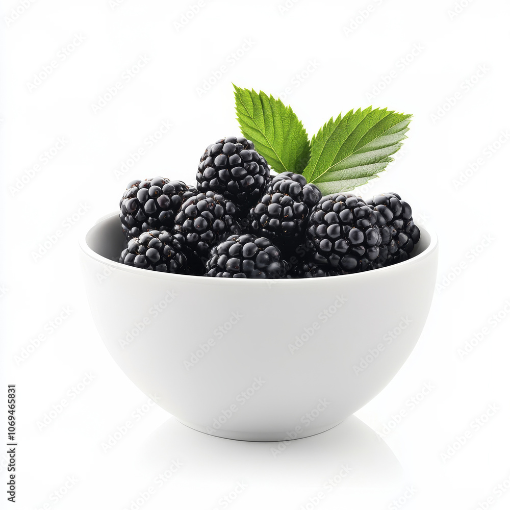A bowl of fresh blackberries, isolated on a white background, emphasizing a dark berry A bowl of fresh blackberries, isolated on a white background, emphasizing a dark berry