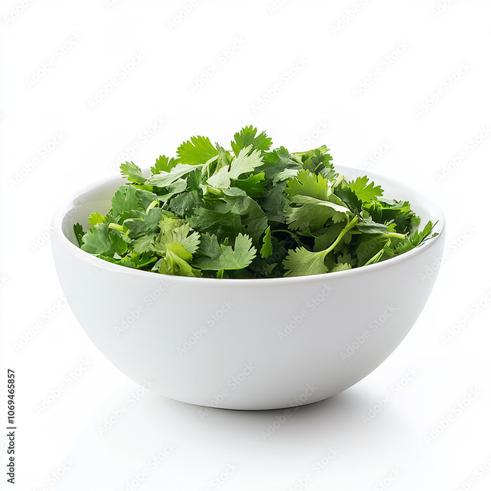 A bowl of fresh cilantro leaves, isolated on a white background, showcasing a flavorful herb A bowl of fresh cilantro leaves, isolated on a white background, showcasing a flavorful herb