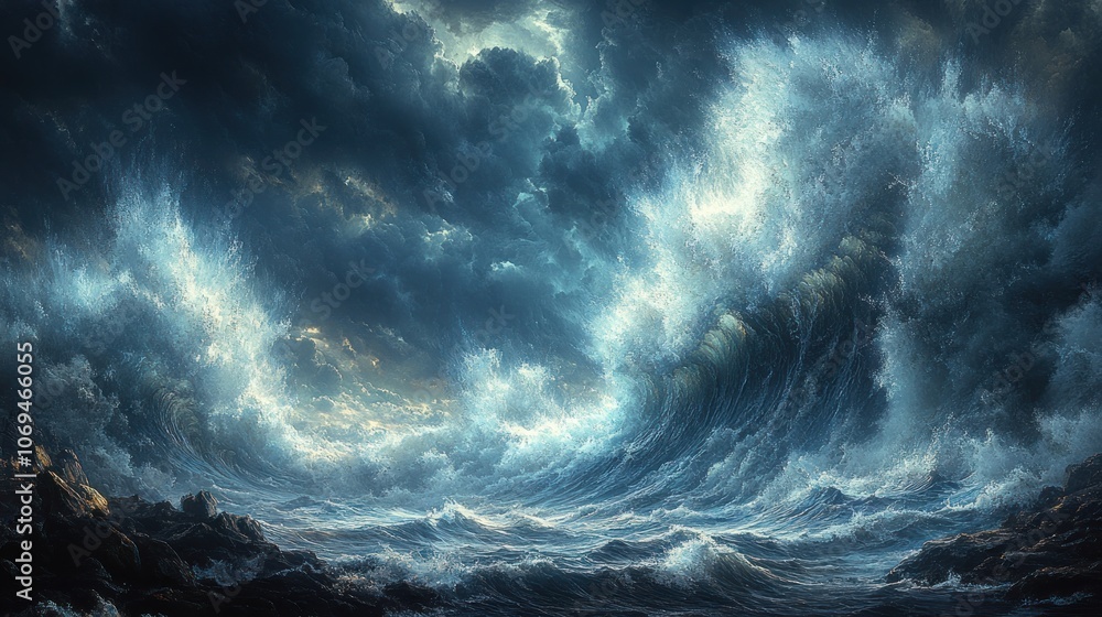 Fototapeta premium A dramatic stormy sea with large waves crashing against the shore.