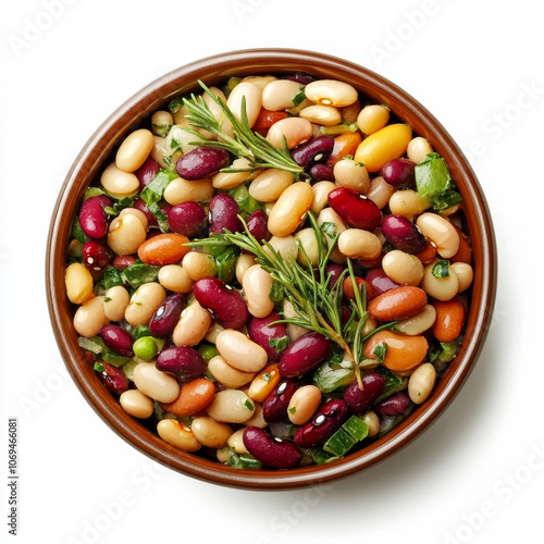 A bowl of mixed bean salad with herbs, isolated on a white background, emphasizing a healthy and colorful dish photo