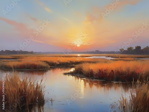 Serene sunset over a tranquil marshland with golden grasses.