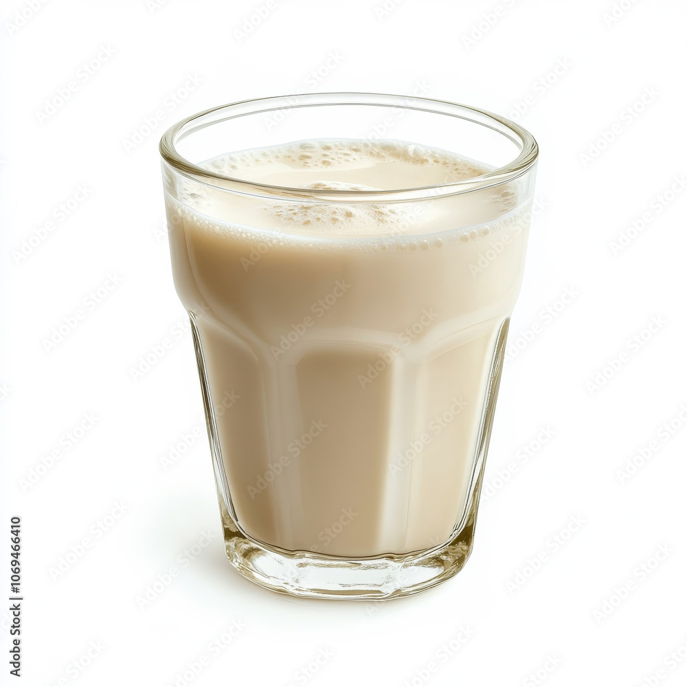 A glass of coconut milk, isolated on a white background, showcasing a creamy drink A glass of coconut milk, isolated on a white background, showcasing a creamy drink