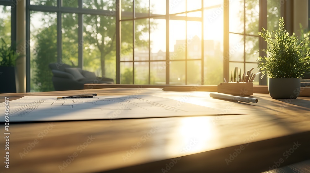 A serene workspace bathed in sunlight, featuring a wooden desk, writing materials, and a potted plant, offering a calm and inviting atmosphere. A serene workspace bathed in sunlight, featuring a wooden desk, writing materials, and a potted plant, offering a calm and inviting atmosphere.