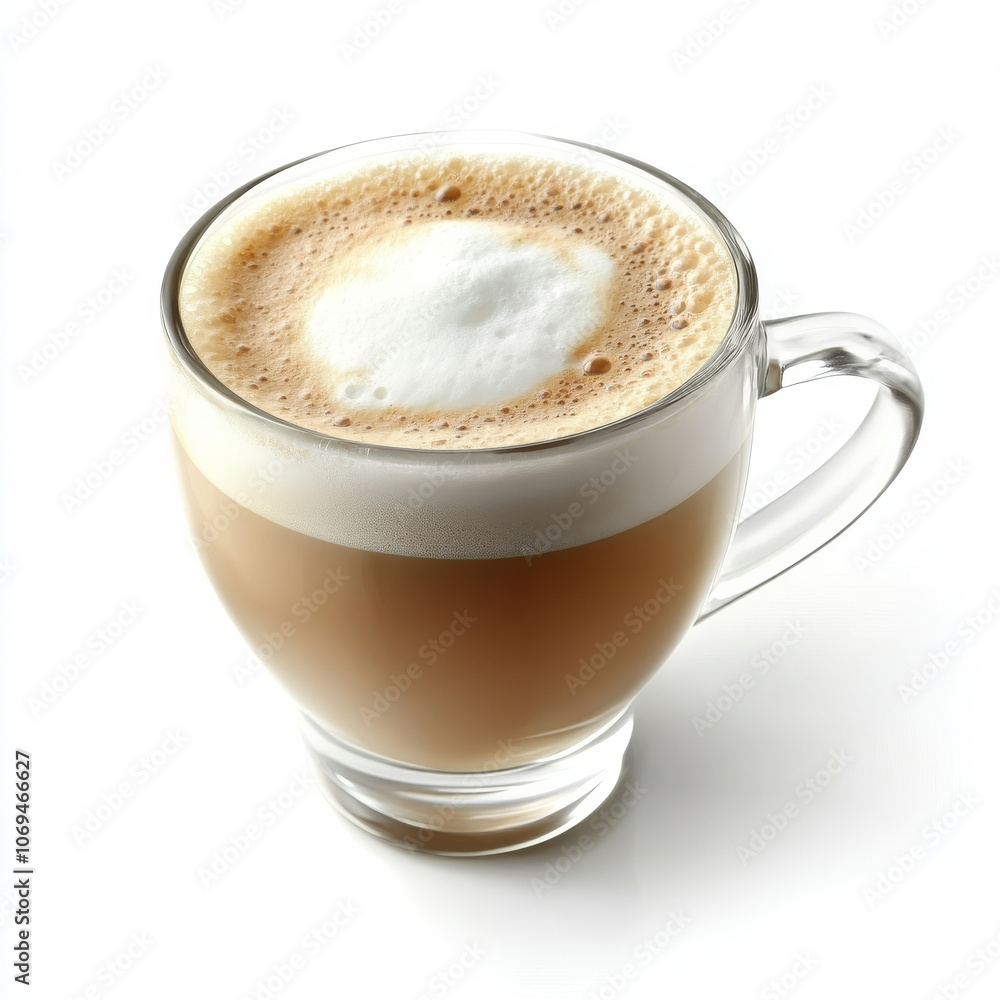 A glass of frothy cappuccino, isolated on a white background, showcasing a coffee drink with foam A glass of frothy cappuccino, isolated on a white background, showcasing a coffee drink with foam