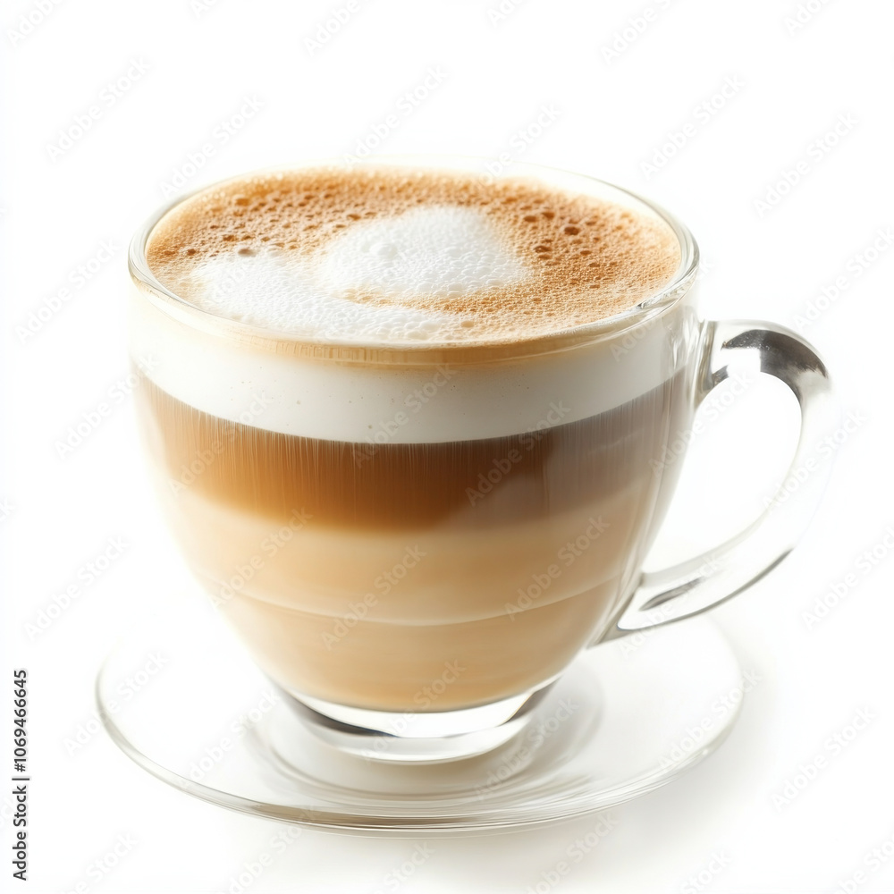 A glass of frothy cappuccino, isolated on a white background, showcasing a coffee drink with foam A glass of frothy cappuccino, isolated on a white background, showcasing a coffee drink with foam