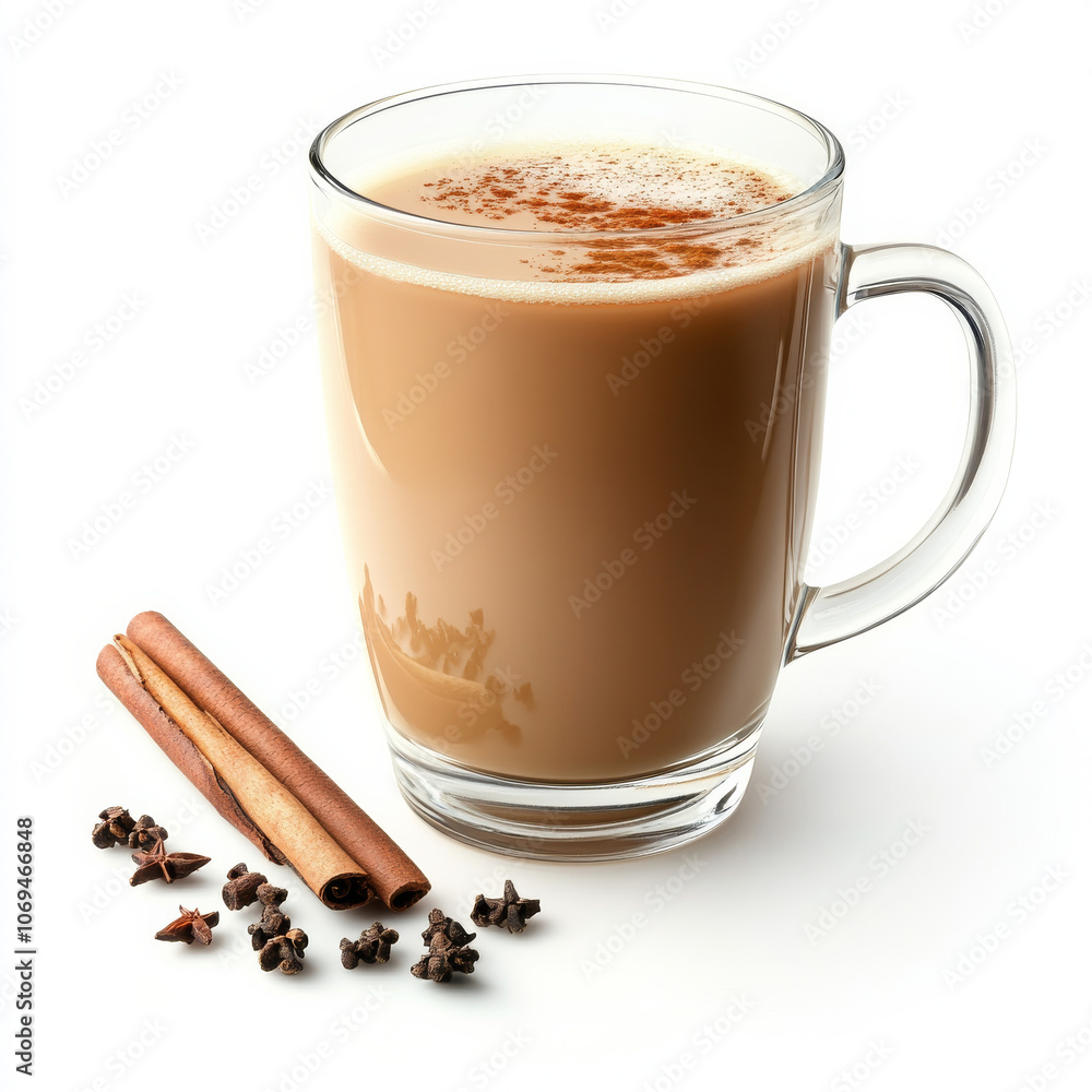 A glass of spiced chai tea with froth, isolated on a white background, showcasing a warm drink A glass of spiced chai tea with froth, isolated on a white background, showcasing a warm drink