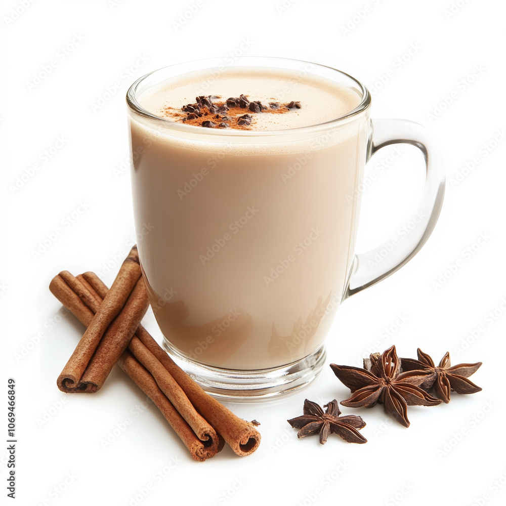 A glass of spiced chai tea with froth, isolated on a white background, showcasing a warm drink A glass of spiced chai tea with froth, isolated on a white background, showcasing a warm drink