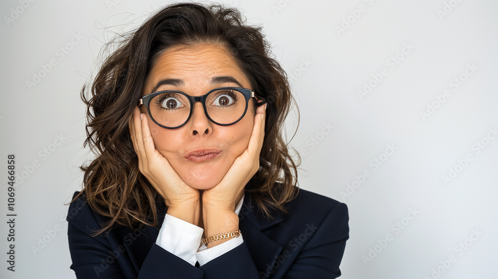 Woman with curly hair and glasses making a quirky expression with pursed lips and hands on cheeks. Captures a playful, humorous reaction against a simple background Woman with curly hair and glasses making a quirky expression with pursed lips and hands on cheeks. Captures a playful, humorous reaction against a simple background