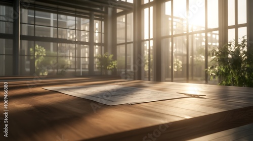 A serene interior scene showcasing a sunlit room with large windows, a wooden table, and a decorative rug, surrounded by vibrant greenery.