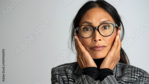 Thoughtful woman with glasses holds her face, gazing forward with a calm, contemplative expression. Ideal for lifestyle, introspection, and business themes