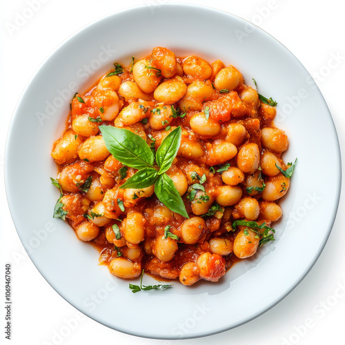 A plate of baked beans in tomato sauce, isolated on a white background, showcasing a warm, comforting dish