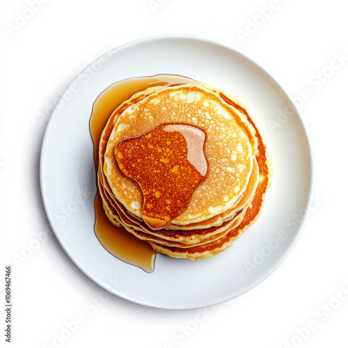 A plate of fluffy pancakes with syrup, isolated on a white background, highlighting a classic breakfast dish photo