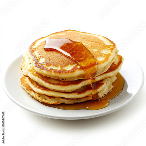 A plate of fluffy pancakes with syrup, isolated on a white background, highlighting a classic breakfast dish photo