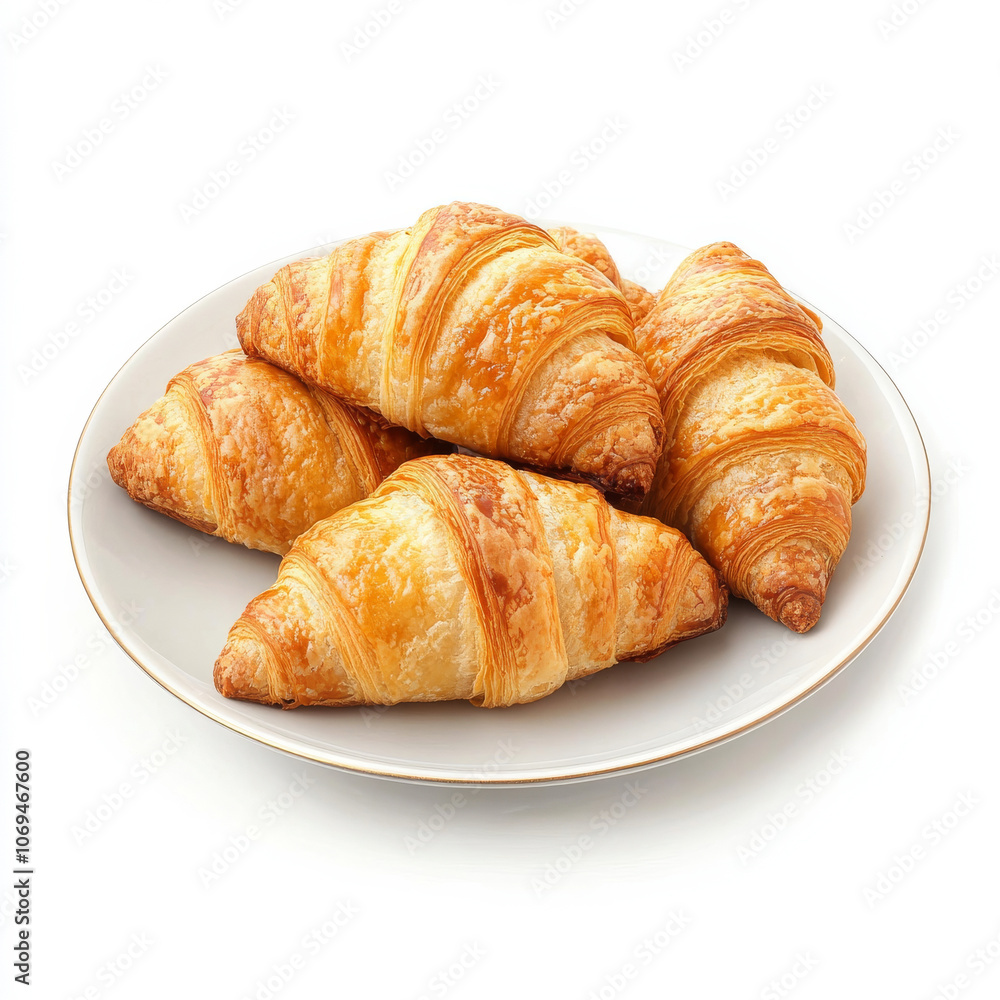 A plate of freshly baked croissants, isolated on a white background, highlighting a buttery pastry A plate of freshly baked croissants, isolated on a white background, highlighting a buttery pastry