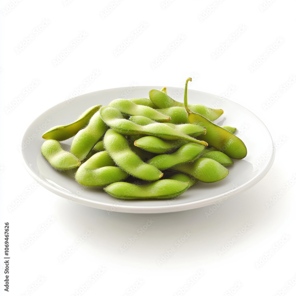 A plate of freshly steamed edamame, isolated on a white background, emphasizing a healthy snack A plate of freshly steamed edamame, isolated on a white background, emphasizing a healthy snack