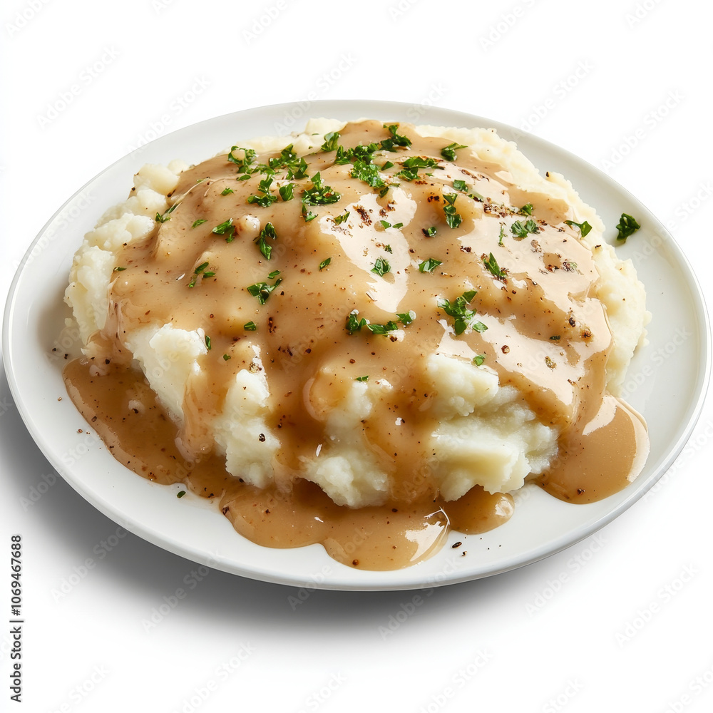 A plate of mashed potatoes with gravy, isolated on a white background, showcasing a classic side dish A plate of mashed potatoes with gravy, isolated on a white background, showcasing a classic side dish