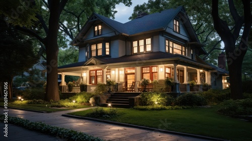 A two-story house with a wrap-around porch is illuminated by warm light from the windows and exterior lights. The house sits on a large lot with trees and a walkway leading to the front door.