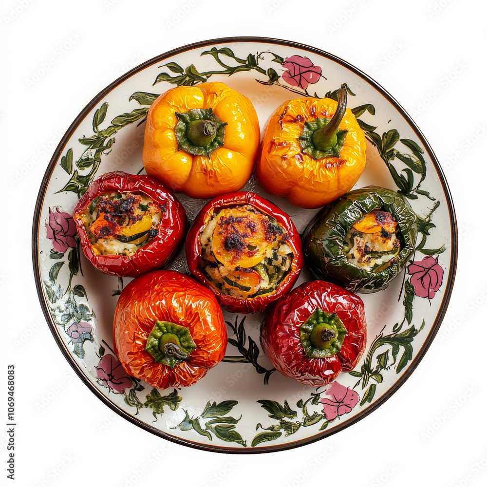 A plate of vegetarian stuffed bell peppers, isolated on a white background, highlighting a colorful dish