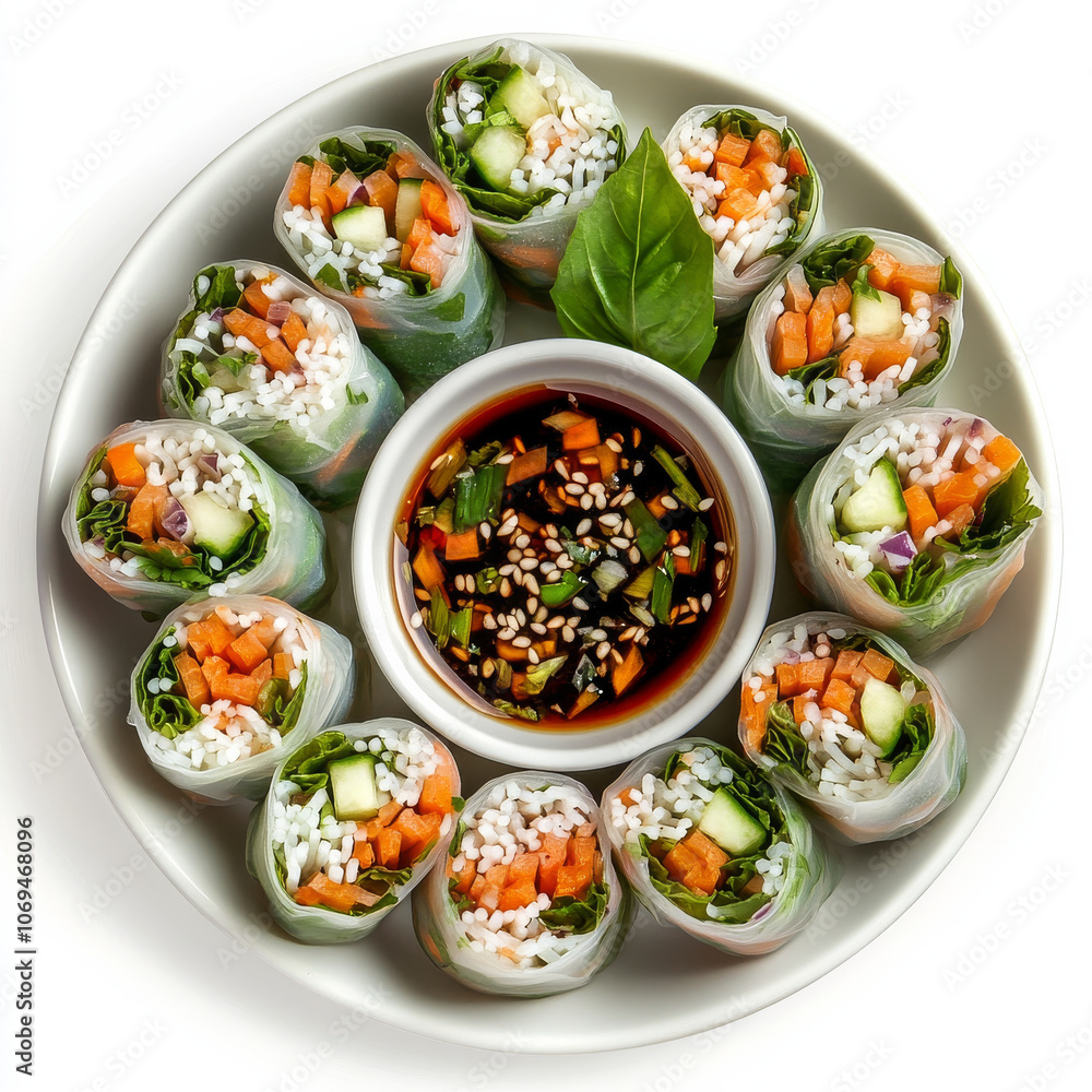 A plate of vegetable spring rolls with dipping sauce, isolated on a white background, showcasing an appetizer A plate of vegetable spring rolls with dipping sauce, isolated on a white background, showcasing an appetizer