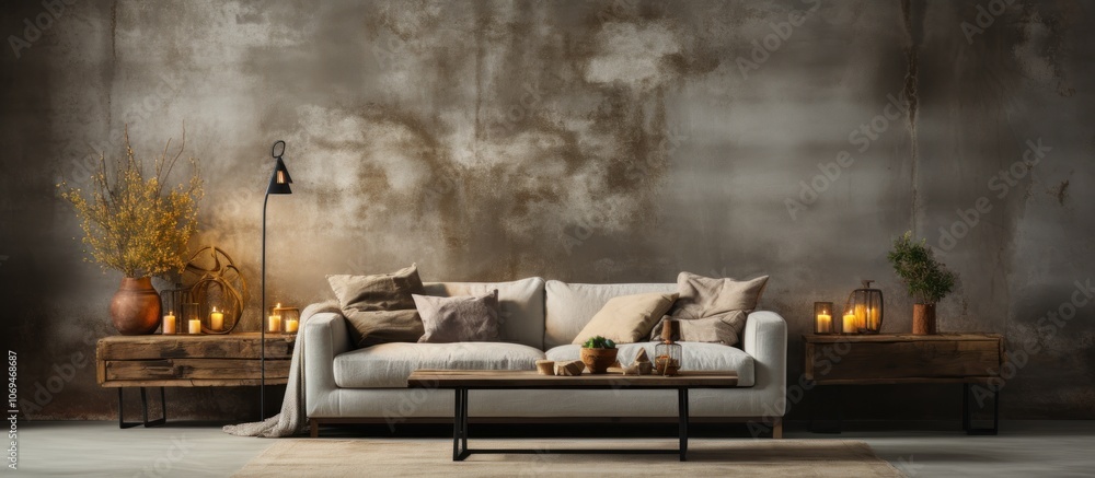 Cozy living room interior with a white sofa, rustic coffee table, and a textured wall. Cozy living room interior with a white sofa, rustic coffee table, and a textured wall.