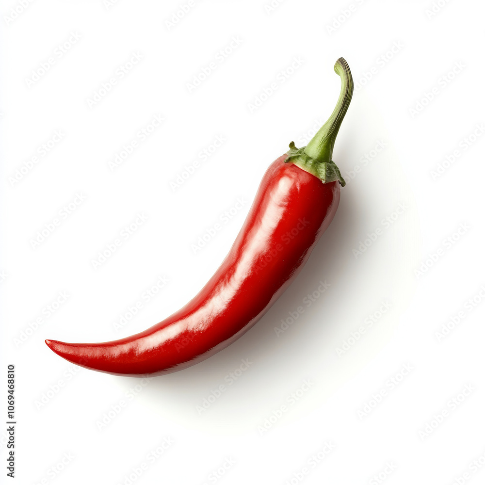 A single red chili pepper, isolated on a white background, showcasing a spicy ingredient A single red chili pepper, isolated on a white background, showcasing a spicy ingredient