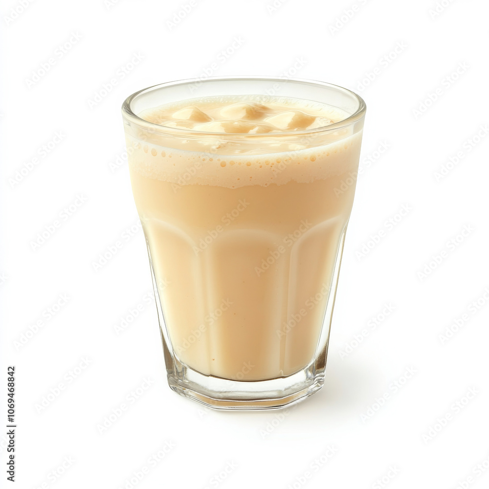 A glass of creamy banana smoothie, isolated on a white background, showcasing a nutritious drink A glass of creamy banana smoothie, isolated on a white background, showcasing a nutritious drink