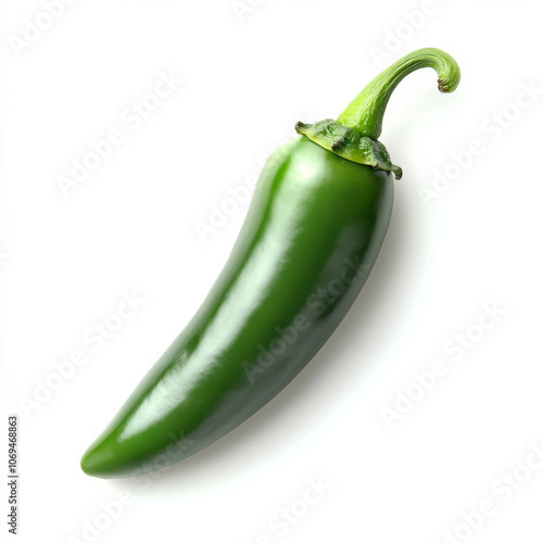 A single green jalapeno pepper, isolated on a white background, showcasing a spicy ingredient
