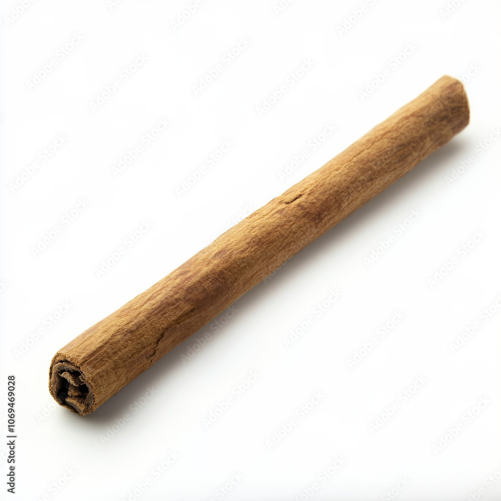 A single cinnamon stick, isolated on a white background, highlighting an aromatic spice A single cinnamon stick, isolated on a white background, highlighting an aromatic spice