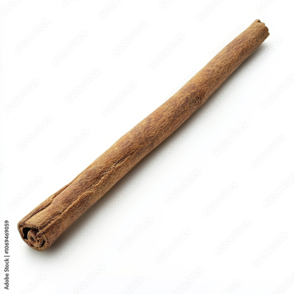 A single cinnamon stick, isolated on a white background, highlighting an aromatic spice A single cinnamon stick, isolated on a white background, highlighting an aromatic spice
