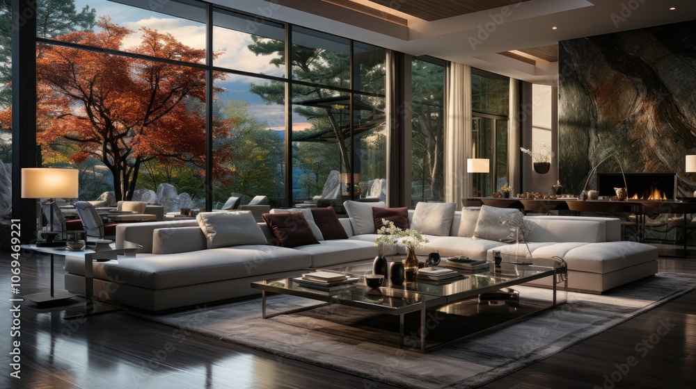 Modern living room with large windows overlooking a forest and a large sectional sofa. Modern living room with large windows overlooking a forest and a large sectional sofa.
