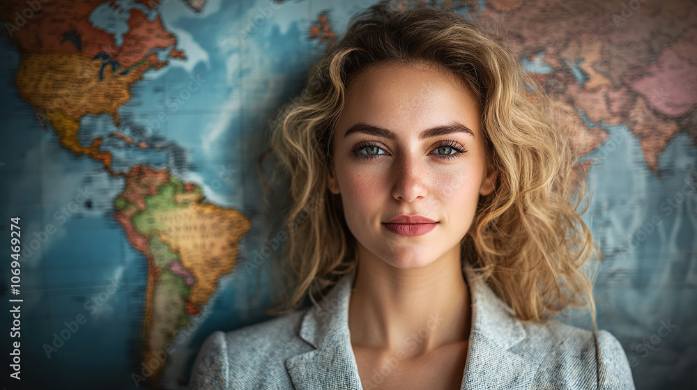 Portrait of a Businesswoman Combined with a World Map, Symbolizing Global Trade Portrait of a Businesswoman Combined with a World Map, Symbolizing Global Trade