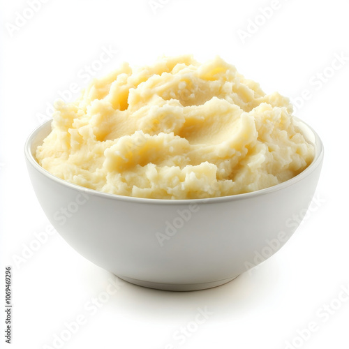 A bowl of fluffy mashed potatoes, isolated on a white background, showcasing a classic side dish