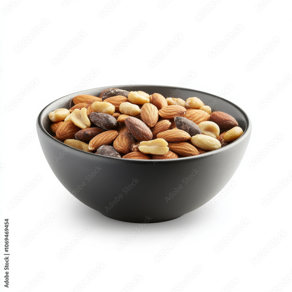 A bowl of mixed nuts, isolated on a white background, highlighting a nutritious snack option A bowl of mixed nuts, isolated on a white background, highlighting a nutritious snack option