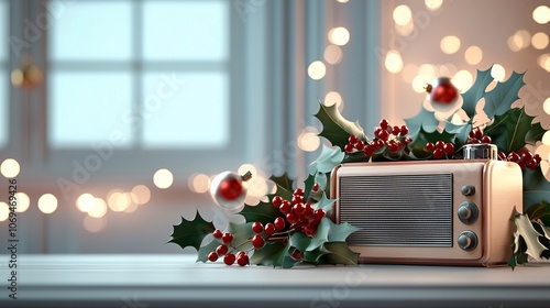 A vintage radio adorned with festive holly and red ornaments, set against a softly lit background, evoking a cozy holiday atmosphere.