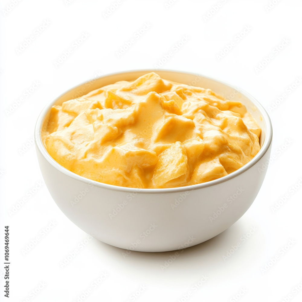A bowl of cheesy nacho dip, isolated on a white background, emphasizing a popular dip for chips A bowl of cheesy nacho dip, isolated on a white background, emphasizing a popular dip for chips
