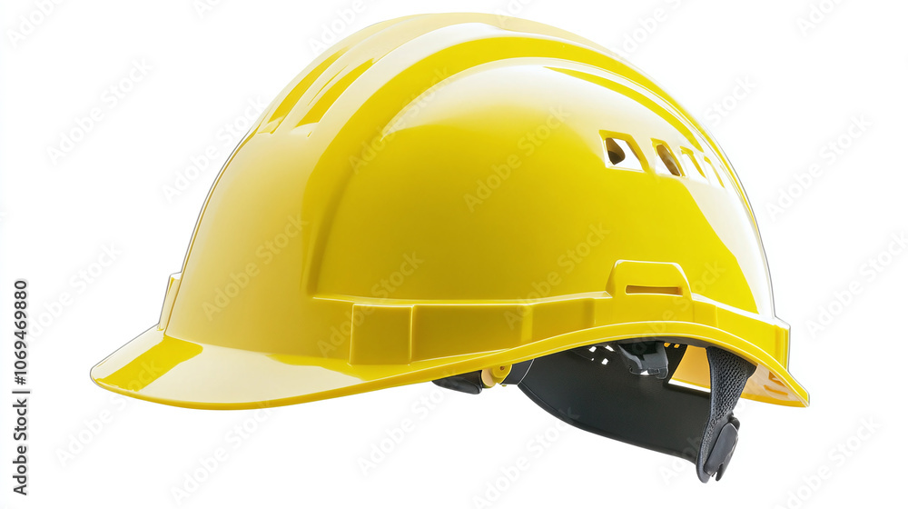 Fototapeta premium Bright Yellow Safety Construction Helmet with Glossy Finish on White Background