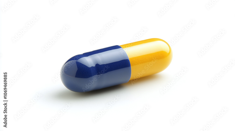 Vibrant Blue and Yellow Herbal Medicine Capsule with Glossy Finish on White Background Vibrant Blue and Yellow Herbal Medicine Capsule with Glossy Finish on White Background